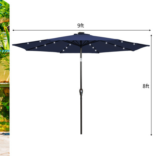 9 Feet Solar LED Lighted Patio Market Umbrella Tilt Adjustment Crank Lift-Dark Blue