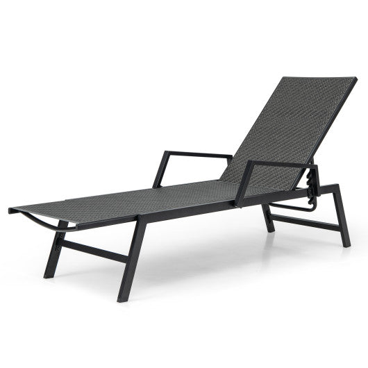 Outdoor Rattan Chaise Lounge Reclining Chair with Armrests and 5-Position Backrest-Brown