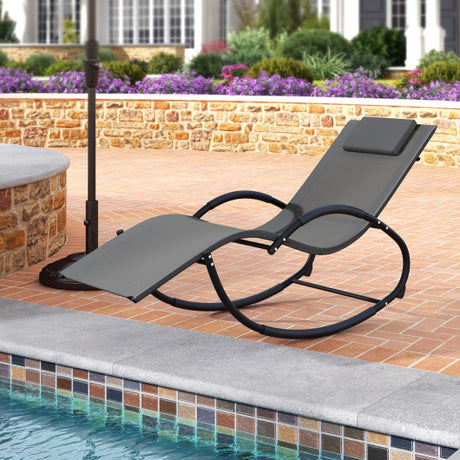 Outdoor Rocking Lounge Chair with Removable Headrest-Gray