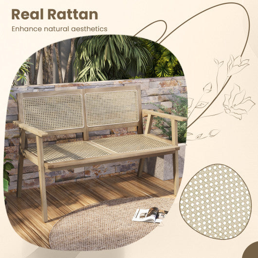 Indonesia Teak Wood Garden Bench with Armrests and Natural Rattan Backrest