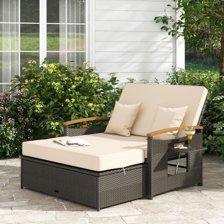 Outdoor Wicker Daybed with Folding Panels and Storage Ottoman-Beige
