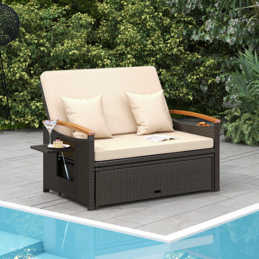 Outdoor Wicker Daybed with Folding Panels and Storage Ottoman-Beige