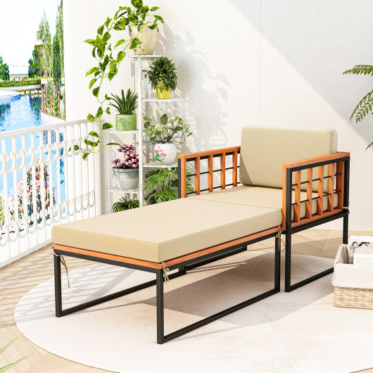 Patio Acacia Wood Armchair with Long Ottoman and Seat Back Cushions