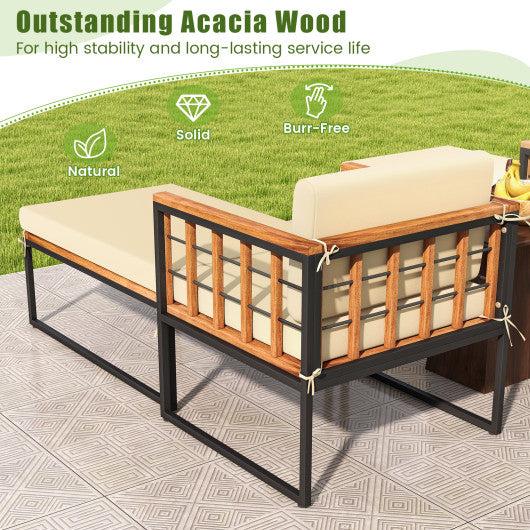 Patio Acacia Wood Armchair with Long Ottoman and Seat Back Cushions