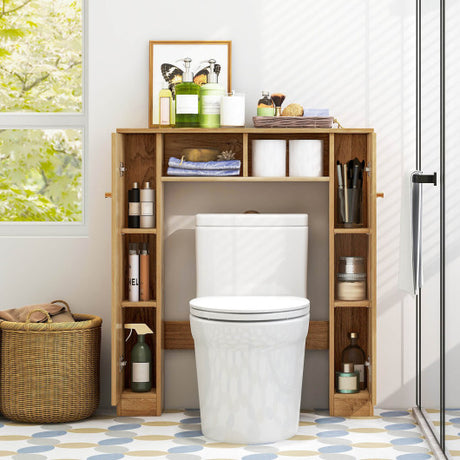 Over The Toilet Storage Cabinet with 2 Open Compartments and 4 Adjustable Shelves-Natural