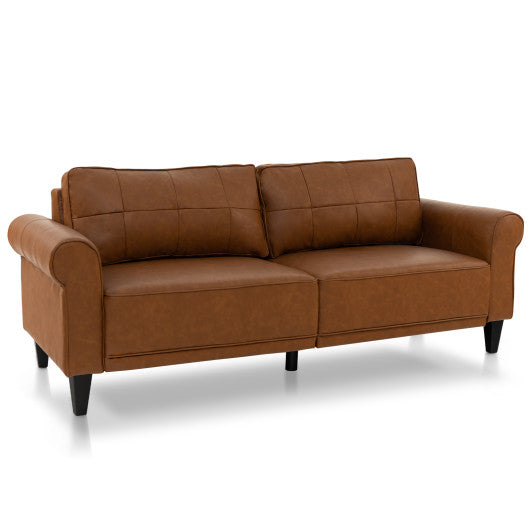 PU Leather Modern 3-Seater Sofa Couch with 2 Detachable Back Pillows-Brown