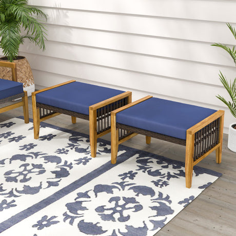 Patio Acacia Wood Ottomans with Cushions and Versatile Rattan Woven Footstools-Navy