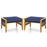 Patio Acacia Wood Ottomans with Cushions and Versatile Rattan Woven Footstools-Navy