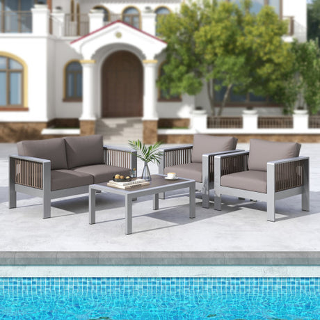 Patio Aluminum Loveseat Sofa Outdoor Furniture Set with Thick Back and Seat Cushions-Gray