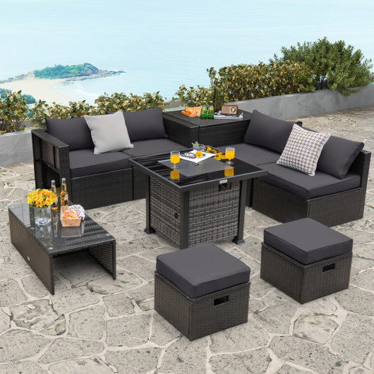Outdoor 9 Pieces Patio Furniture Set with 50 000 BTU Propane Fire Pit Table-Gray