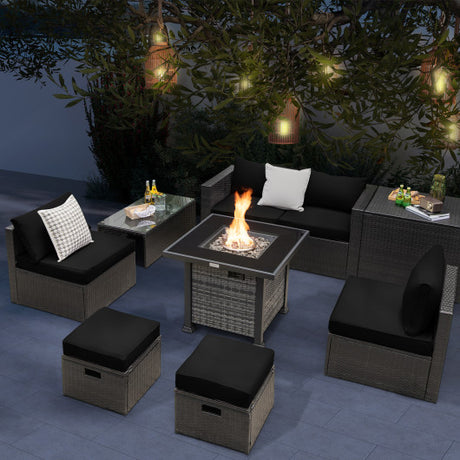 Outdoor 9 Pieces Patio Furniture Set with 50 000 BTU Propane Fire Pit Table-Black