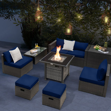 Outdoor 9 Pieces Patio Furniture Set with 50 000 BTU Propane Fire Pit Table-Navy