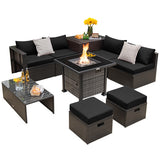 Outdoor 9 Pieces Patio Furniture Set with 50 000 BTU Propane Fire Pit Table-Black