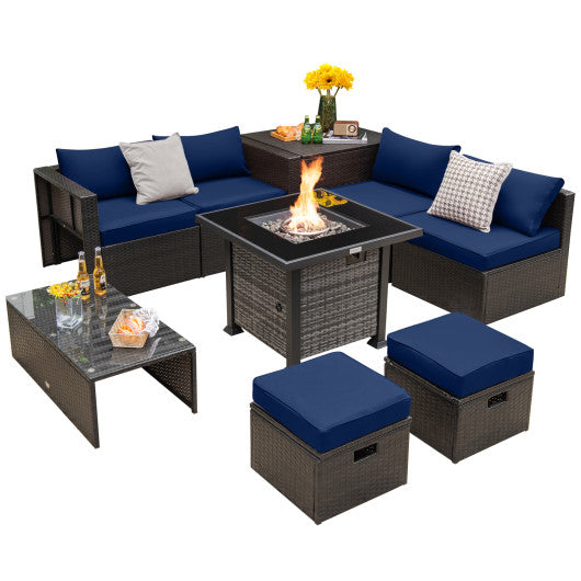 Outdoor 9 Pieces Patio Furniture Set with 50 000 BTU Propane Fire Pit Table-Navy