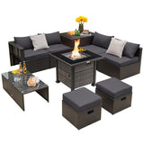 Outdoor 9 Pieces Patio Furniture Set with 50 000 BTU Propane Fire Pit Table-Gray