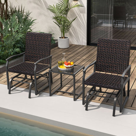 3 Piece Patio Gliding Set with Tempered Glass Coffee Table All Weather-Brown