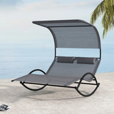 Outdoor Dual Rocker Sunbed 2-Person Canopied Patio Lounger with Detachable Headrests-Gray