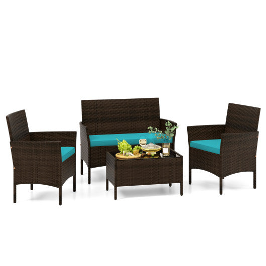 4 Piece Patio Rattan Conversation Set with Cozy Seat Cushions-Turquoise