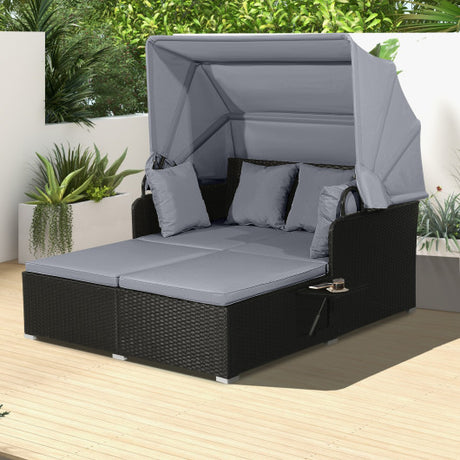 Patio Rattan Daybed with Retractable Canopy and Side Tables-Gray