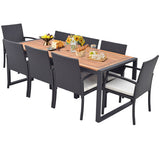 9 Pieces  Patio Rattan Dining Set with Acacia Wood Table for Backyard  Garden-L-shaped Handrail
