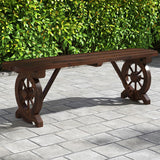 Patio Rustic Wood Bench with Wagon Wheel Base
