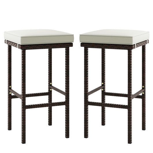 Patio Wicker Bar Stools Set of 2 with Seat Cushions and Footrest