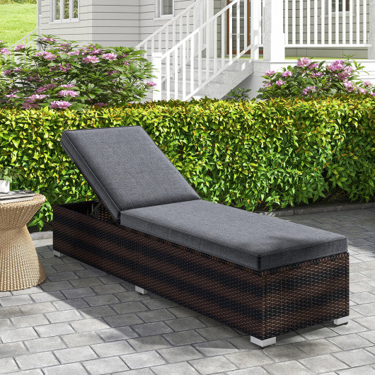 Patio Wicker Lounge Chair with 4-level Backrest and Long Seat Cushion-Brown