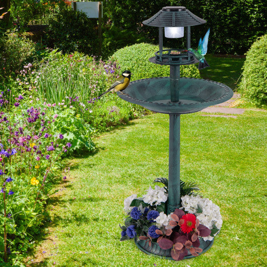 Pedestal Bird Bath with Solar Light with Bird Feeder and Flower Planter-Green