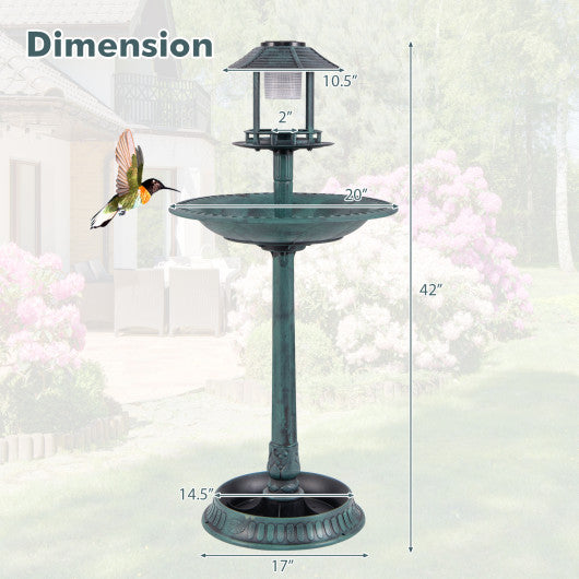 Pedestal Bird Bath with Solar Light with Bird Feeder and Flower Planter-Green