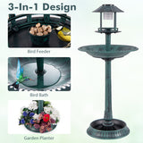 Pedestal Bird Bath with Solar Light with Bird Feeder and Flower Planter-Green