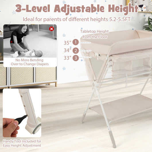 Portable Baby Changing Table with 3-Level Adjustable Height-Beige