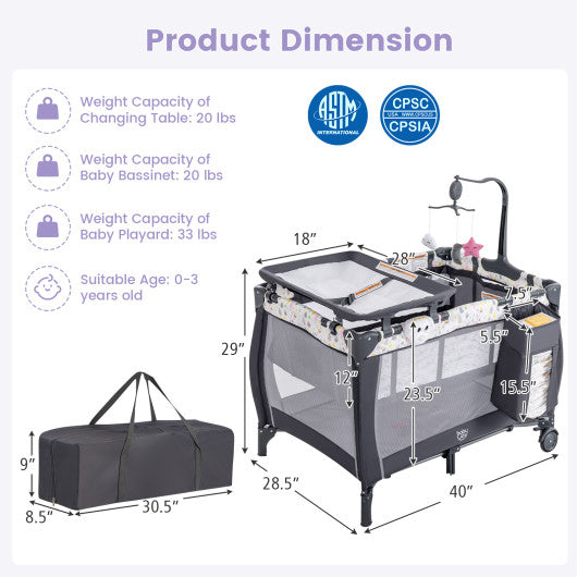 Portable Baby Playard with Changing Table Bassinet and Music Box-Multicolor