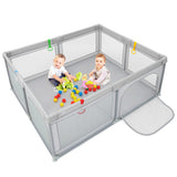 Portable Baby Playpen Large Play Yard with 50 Ocean Balls and 4 Pull Rings-Gray