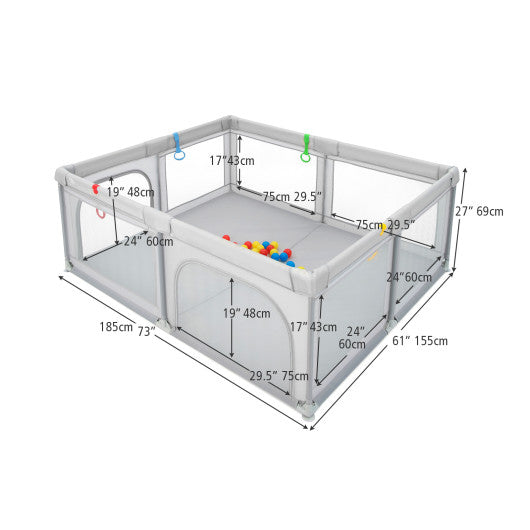 Portable Baby Playpen Large Play Yard with 50 Ocean Balls and 4 Pull Rings-Gray