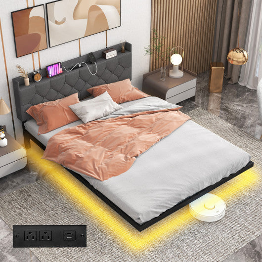 Full/Queen Size Floating Bed Frame with LED and Headboard and Charging Station-Queen Size