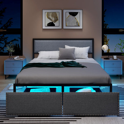 Full/Queen/Twin Size Bed Frame with LED Lights Drawer and Metal Slats-Queen Size