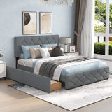 Queen Upholstered Platform Bed with Trundle and 2 Drawers No Box Spring Needed Noise Free-Gray