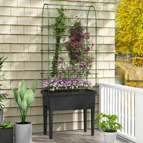 Self-watering Raised Garden Bed Elevated Planter with Climbing Trellis-Black
