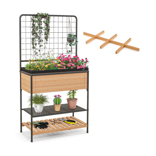 Raised Garden Bed with Trellis 2-tier Storage Shelves-Natural