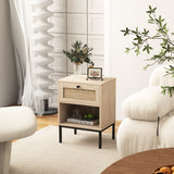 Rattan Nightstand Boho End Table with Rattan Drawer & Open Shelf-Oak