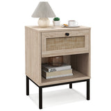 Rattan Nightstand Boho End Table with Rattan Drawer & Open Shelf-Oak