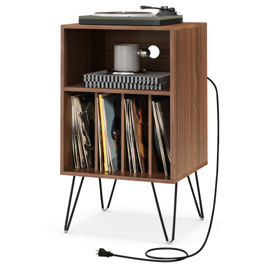 Record Player Stand with Charging Station for Living Room Bedroom-Walnut