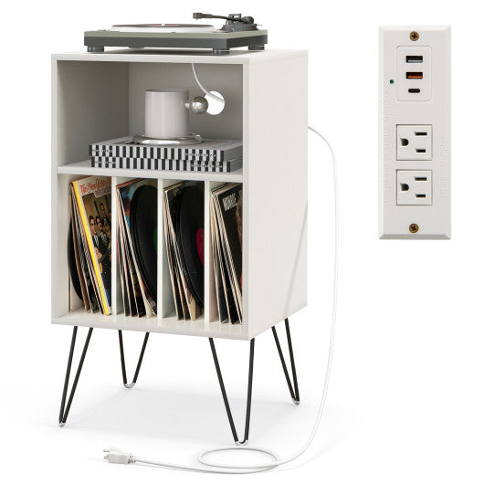 Record Player Stand with Charging Station for Living Room Bedroom-White