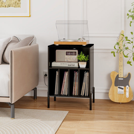 Record Player Stand with Record Storage Shelf and Charging Station-Black