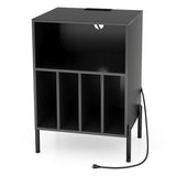 Record Player Stand with Record Storage Shelf and Charging Station-Black