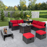 9 Pieces Patio Furniture Set with 32” Fire Pit Table and 50000 BTU Square Propane Fire Pit-Red