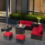 9 Pieces Patio Furniture Set with 32” Fire Pit Table and 50000 BTU Square Propane Fire Pit-Red