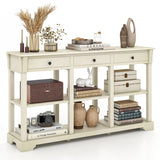 58" Retro Console Table with 3 Drawers and Open Shelves Rectangular Entryway Table-White