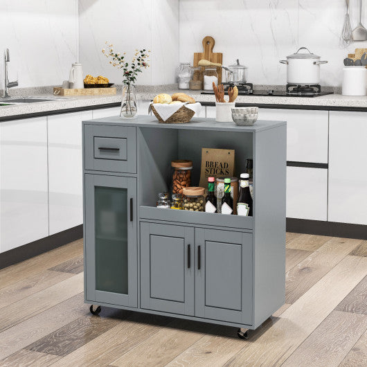 Rolling Kitchen Island with Wheels Drawer and Glass Door Cabinet-Gray