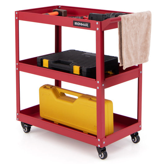 3-Tier Rolling Tool Cart with Spacious Shelves  4 Universal Wheels and 2 Brakes-Red